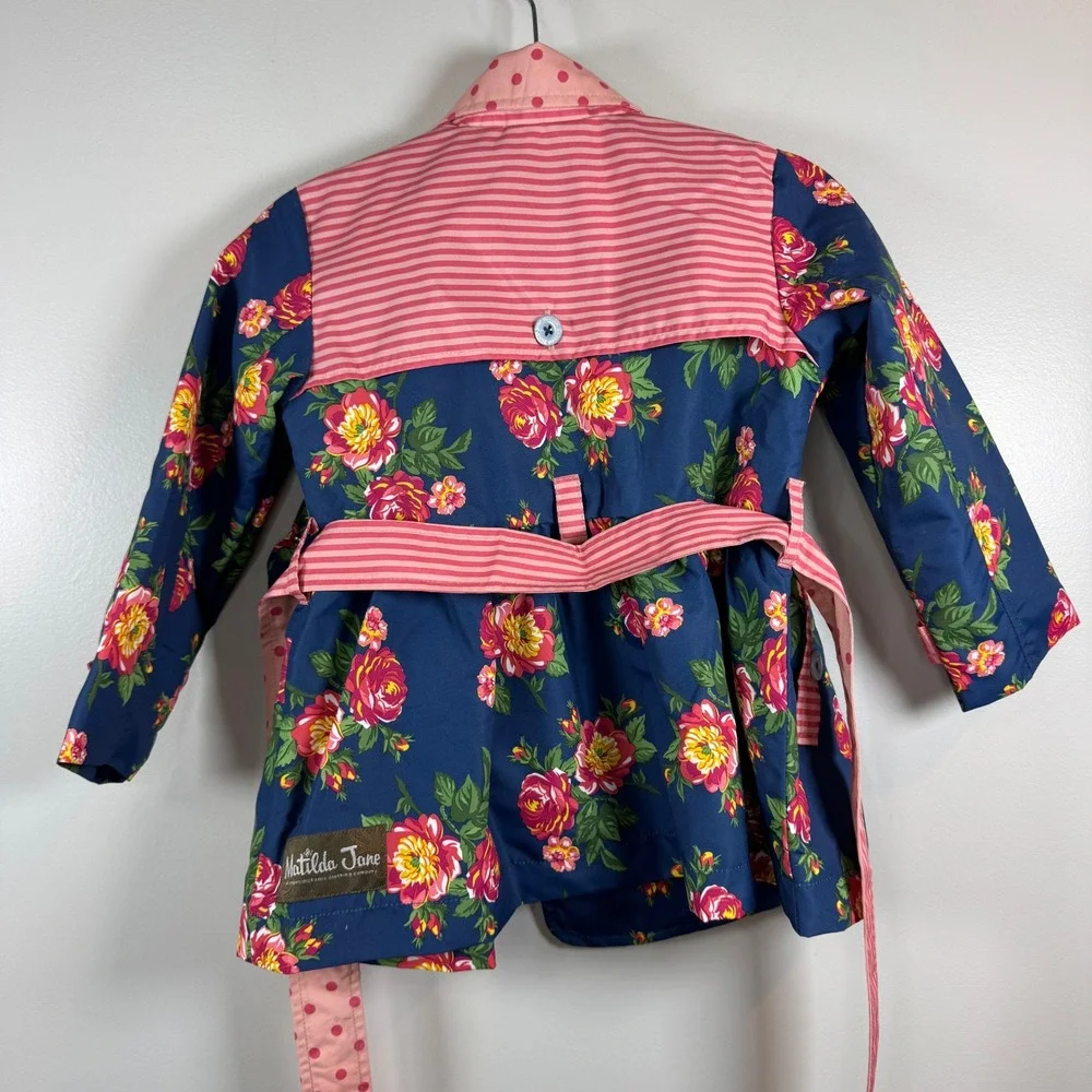 Matilda Jane Floral Trench Coat Girls 2T Navy Pink Rose Polka Dot Whimsical Prep